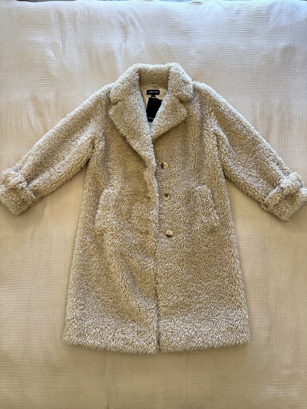 NWT Lamarque Adina Beige Faux Shearling Teddy Coat Long Cozy Button Front XS
